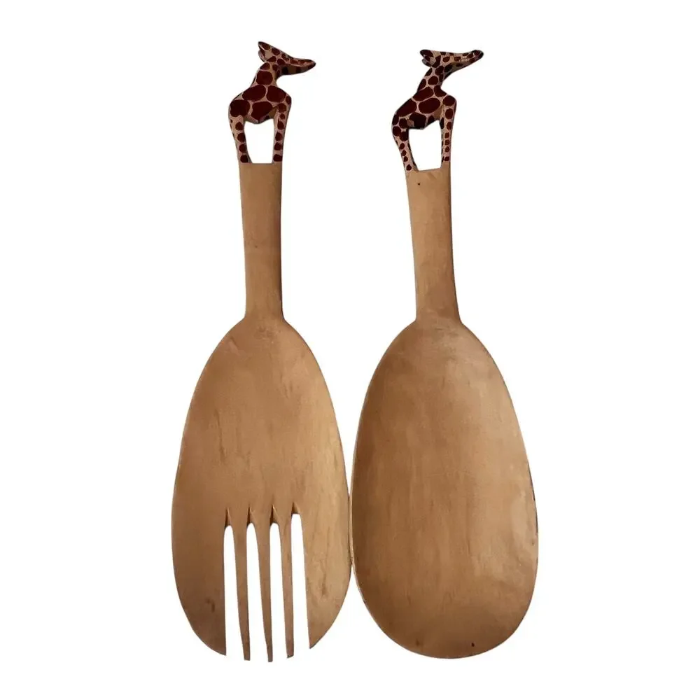Wood Salad Server Set Giraffe Handle African Safari‎ Spoon Fork Kitchen Handmade